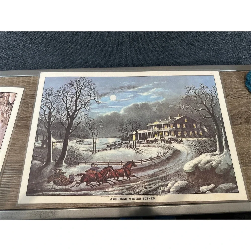 VTG Currier & Ives American Winter Scenes Reversible Set of 8 Holiday Placemats